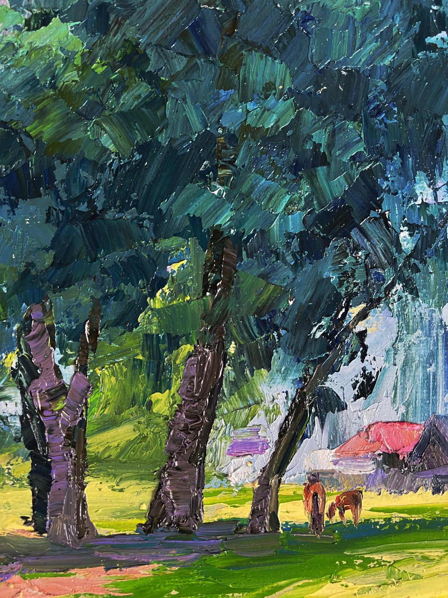 Vibrant impressionist oil painting of trees near village by Boris Serdyuk