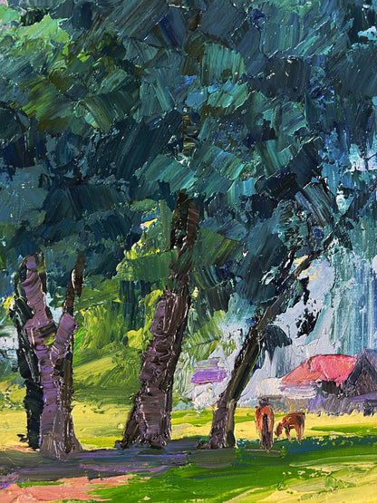 Vibrant impressionist oil painting of trees near village by Boris Serdyuk
