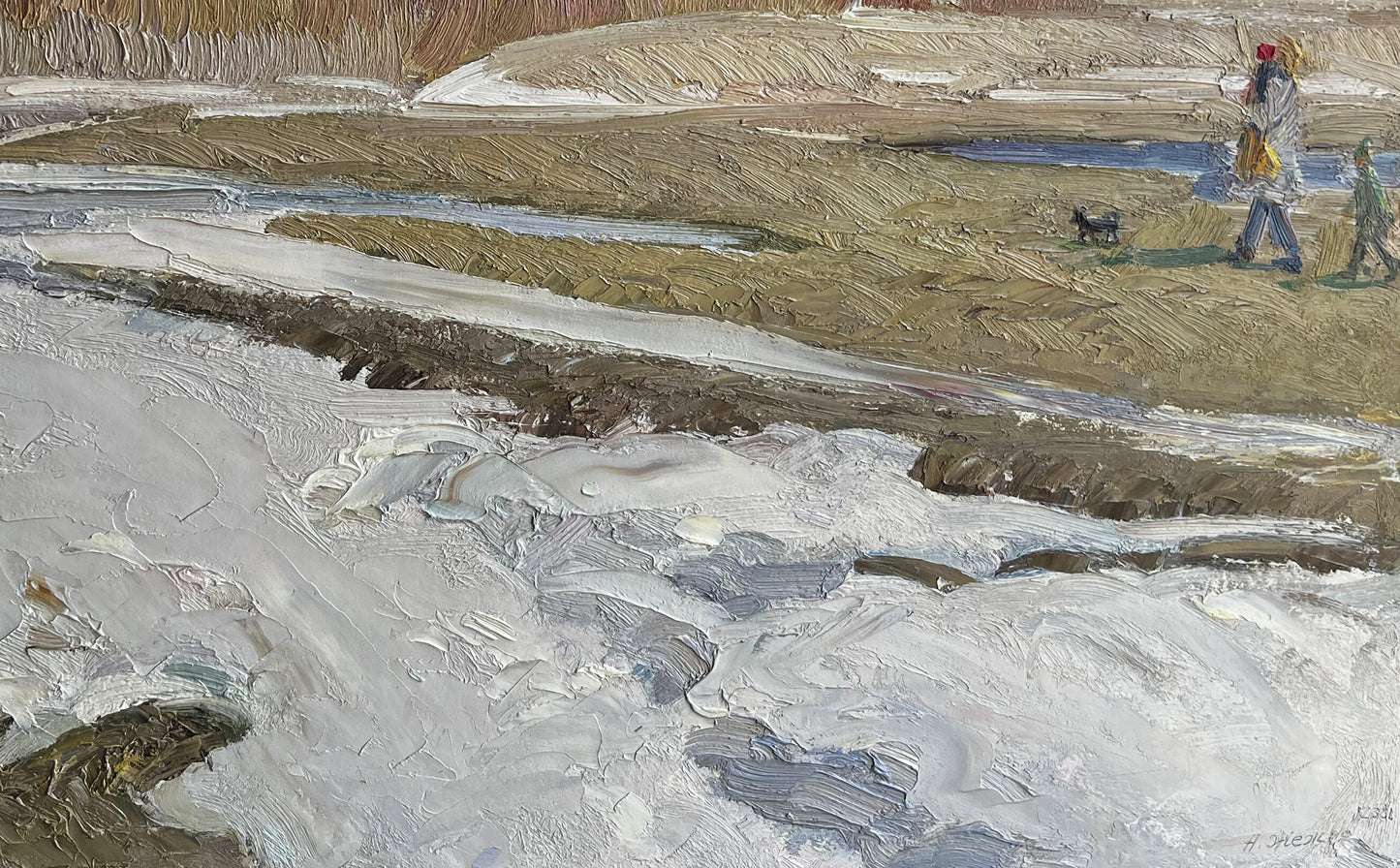 Oil painting Autumn snow Anatolii Zhezher snowy textured landscape