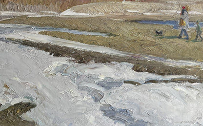 Oil painting Autumn snow Anatolii Zhezher snowy textured landscape
