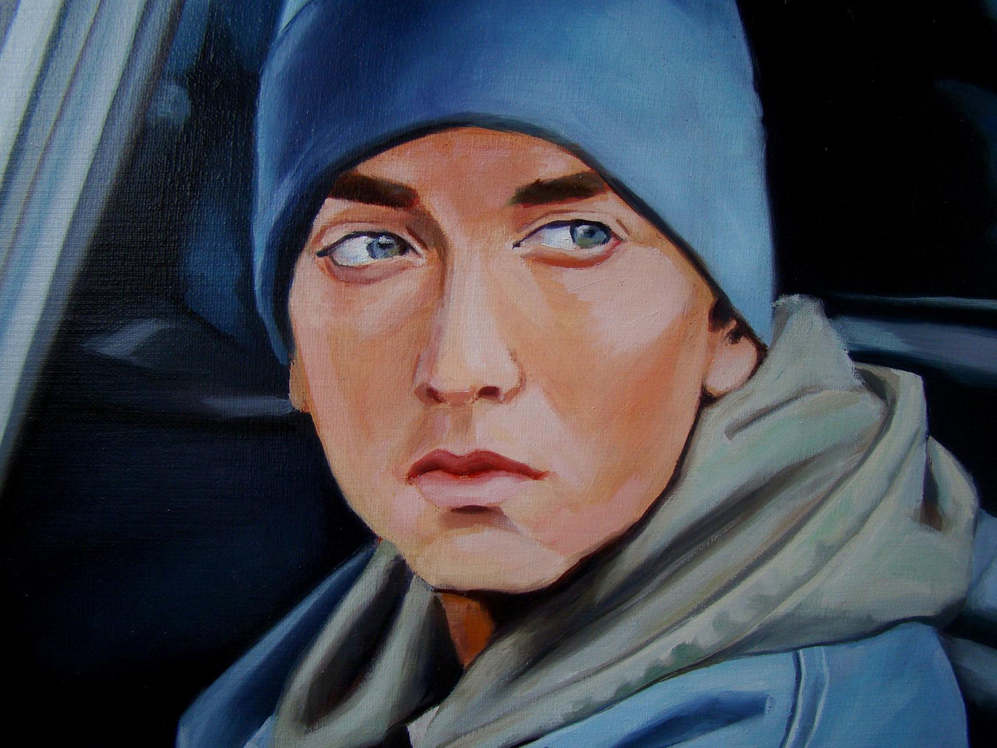 Oil painting portrait of Eminem by Yulia Lihina in blue beanie and gray scarf