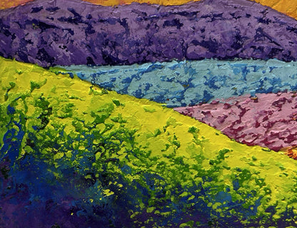 Vibrant oil painting of summer flower fields and sunset by V. Zadorozhnya