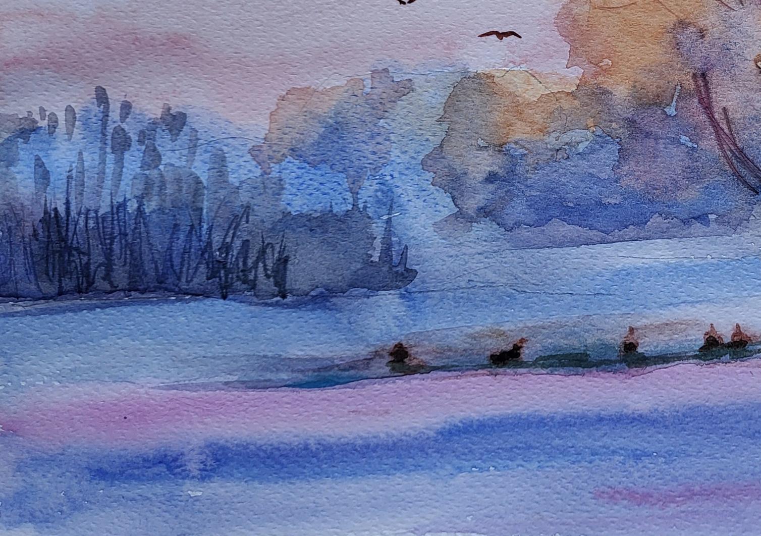 Watercolor painting of serene winter lakeside by Boris Serdyuk