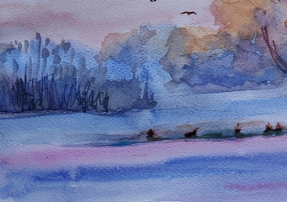 Watercolor painting of serene winter lakeside by Boris Serdyuk