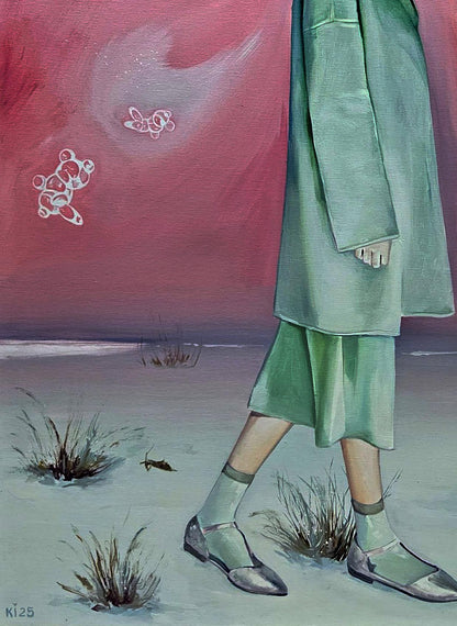 Oil painting by Igor Konovalov: person walking in sage green coat and skirt
