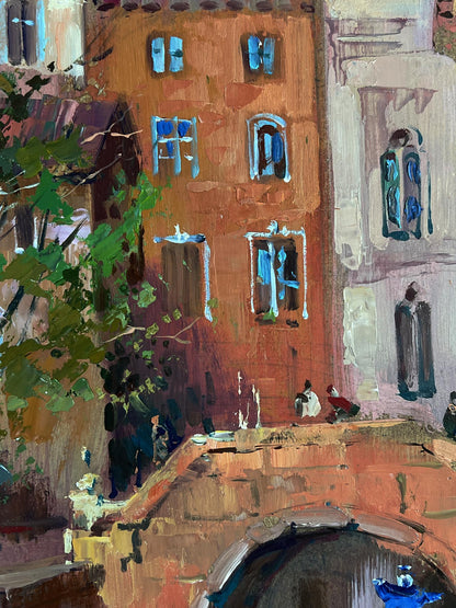 Warm-toned oil painting of Yuriy Suprunchuk city river canal scene