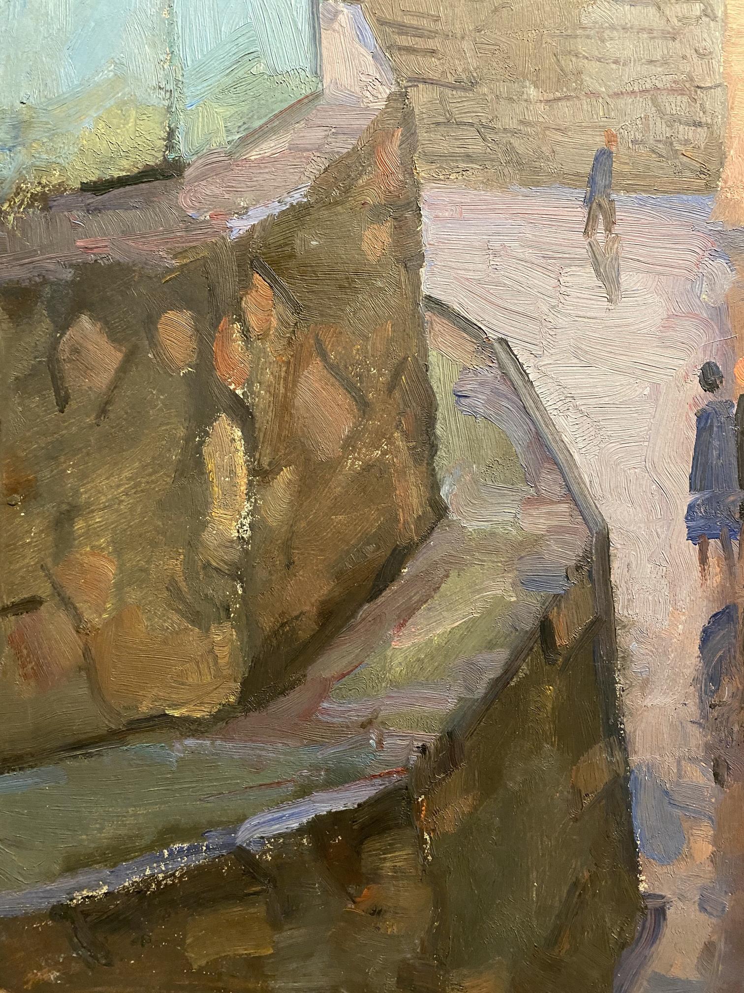 Oil painting of street bustle by Nikolai Hrustalenko on textured stone wall