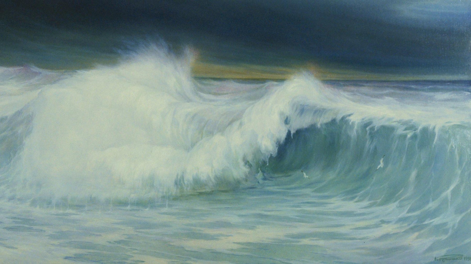Dramatic raging sea waves oil painting by Vasily Korkishko