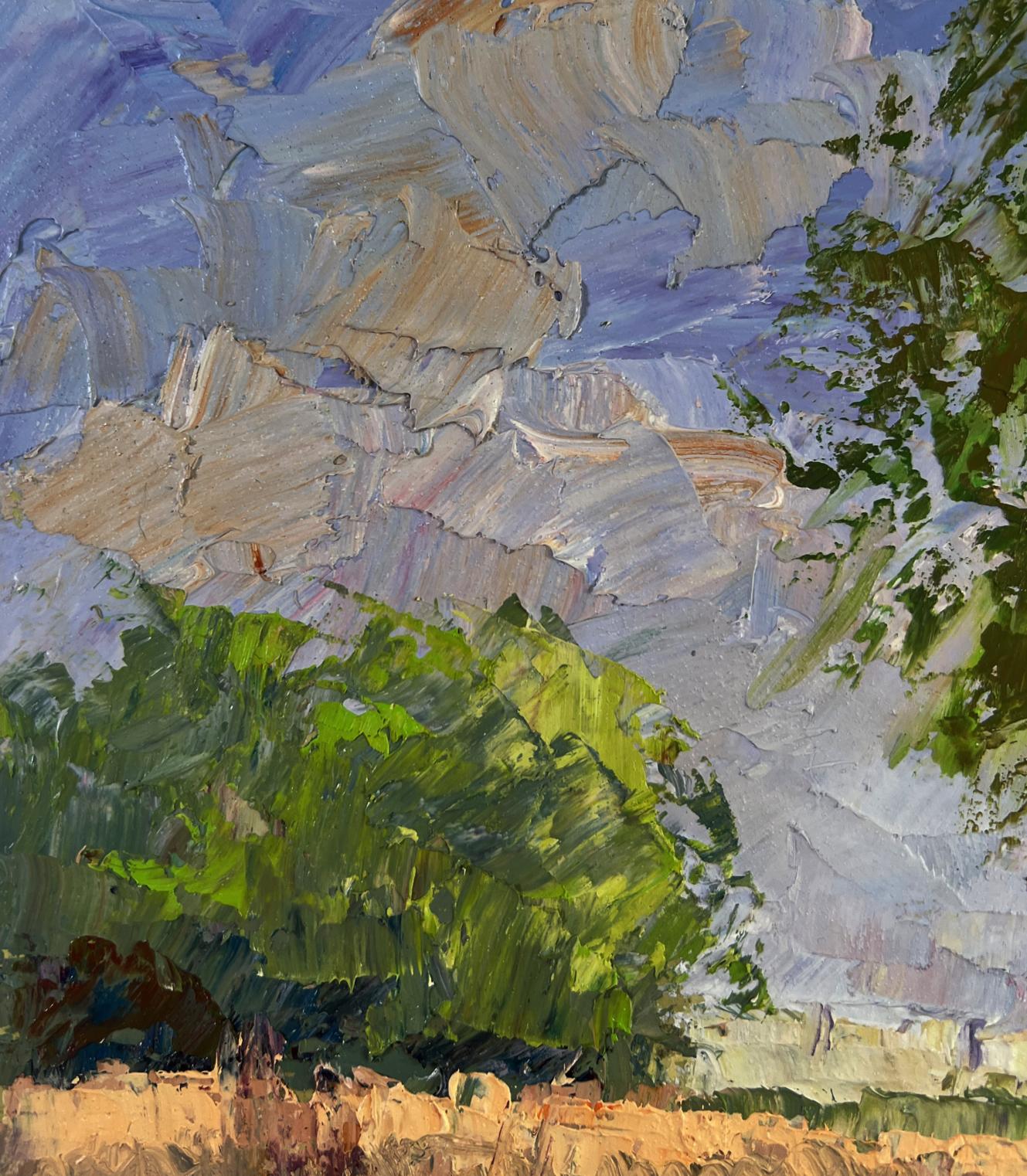Oil painting The earth awakens in sunlight by Boris Serdyuk, green foliage and sky
