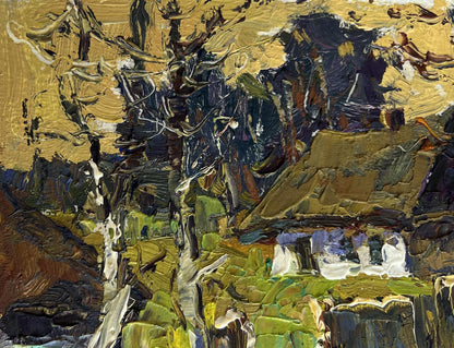 Impasto oil painting of houses near forest by Oksana Ivanyuk