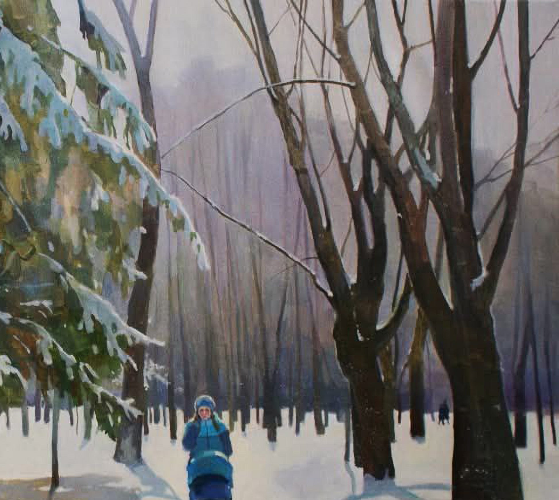 Oil painting by Anastasia Yaroshevich: solitary figure walks snowy forest path