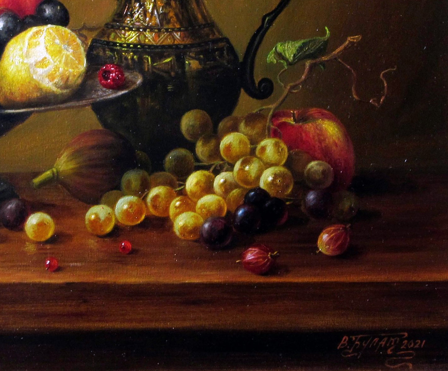 Oil painting Fruits of the earth Valeriy Bulat dark ornate metal pitcher