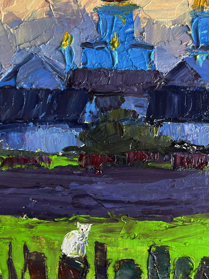 Oil painting of white cat on dark post in green grass by Boris Serdyuk