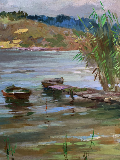 Rustic dock in calm water by reeds, oil painting by Yuriy Suprunchuk