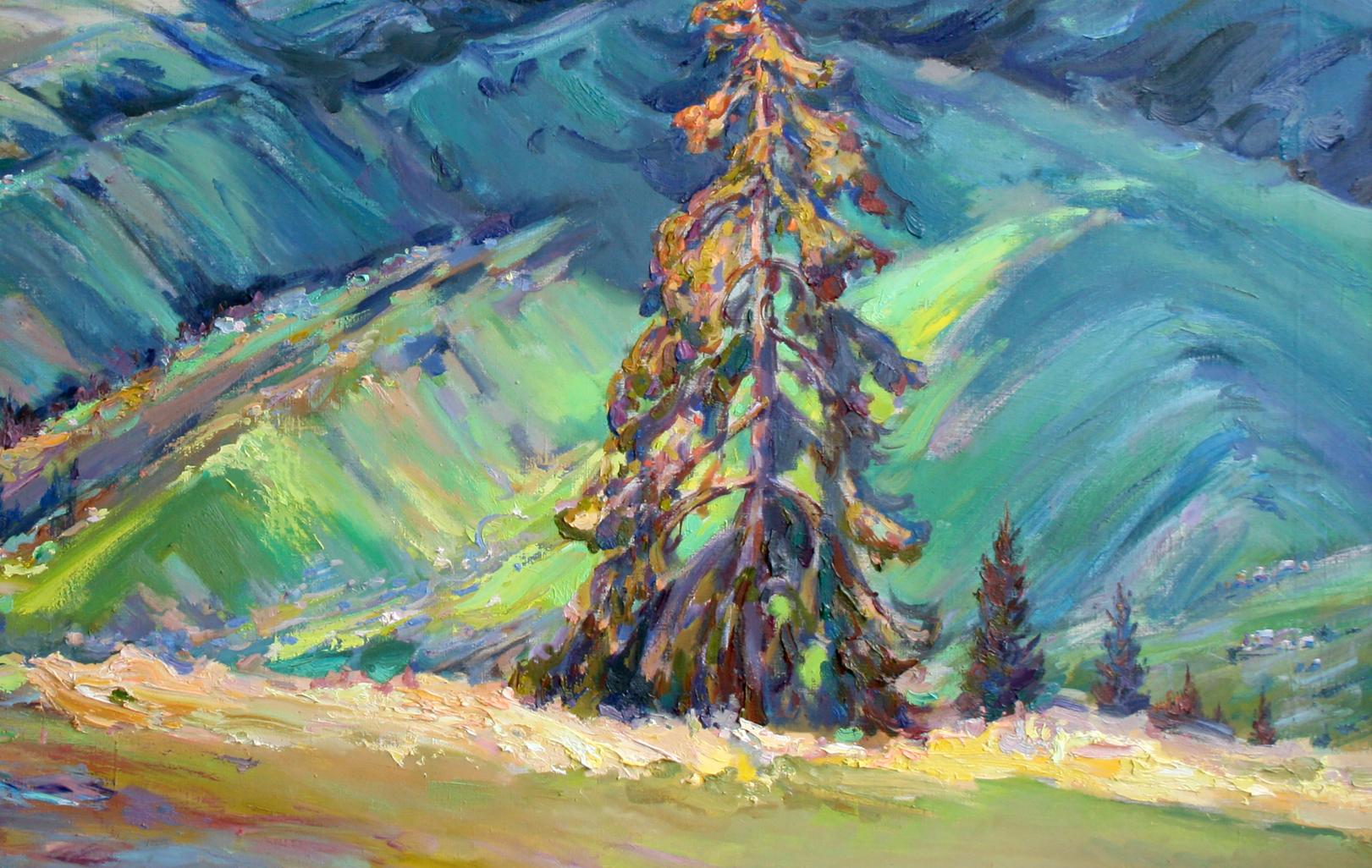 Oil painting Black Mountain by Leonid Pavlenko: tall evergreen on teal lime hills