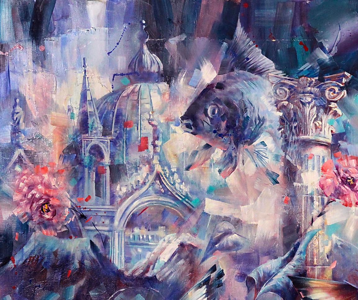 Oil painting Bluebirds by Alexander Dobrodiy with surreal fish and pink flowers