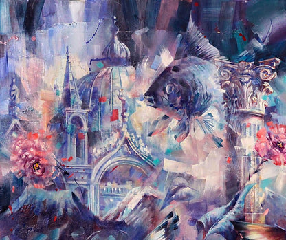 Oil painting Bluebirds by Alexander Dobrodiy with surreal fish and pink flowers
