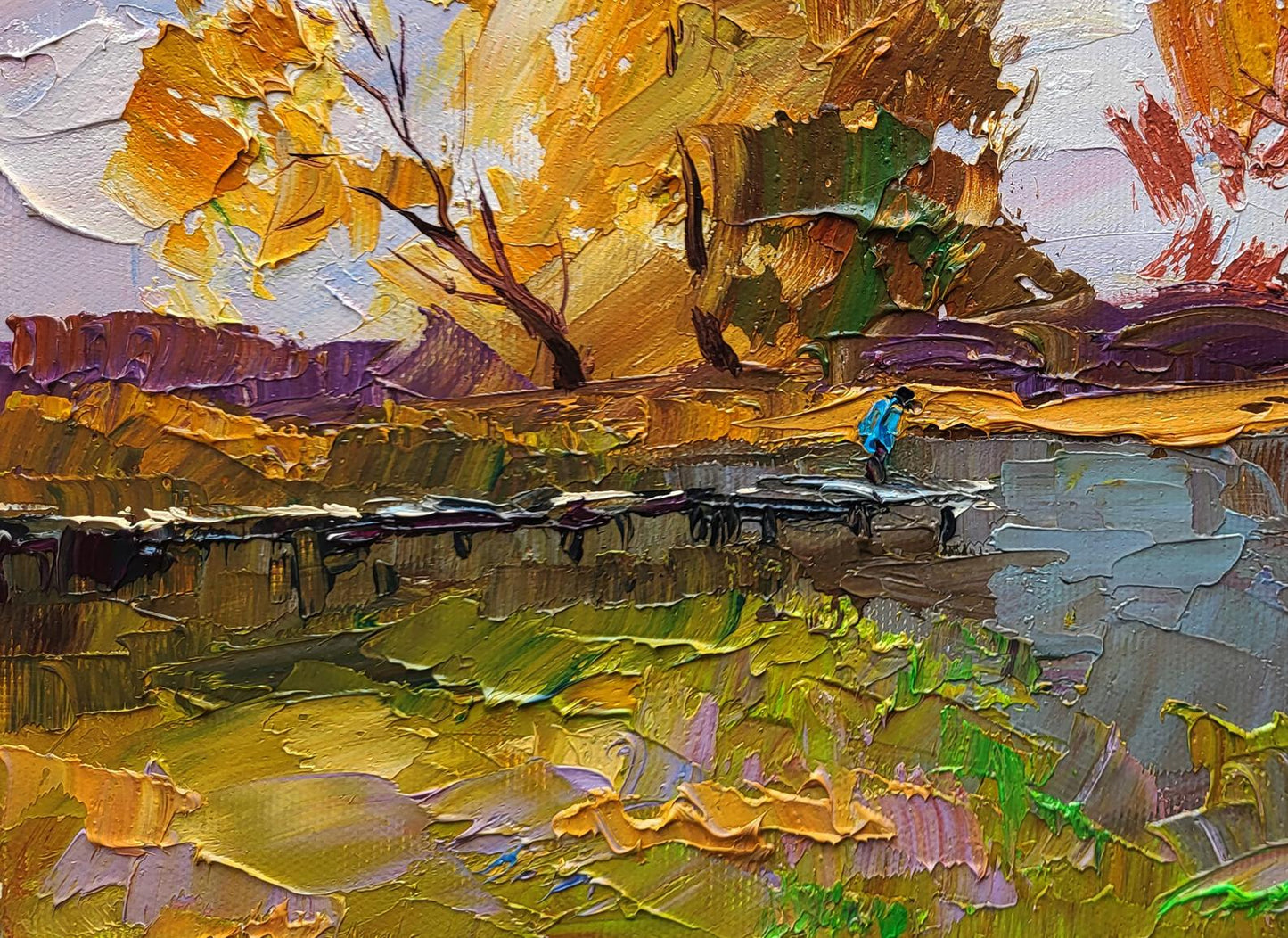 Oil painting On the autumn river by Boris Serdyuk, lone blue figure on rustic bridge