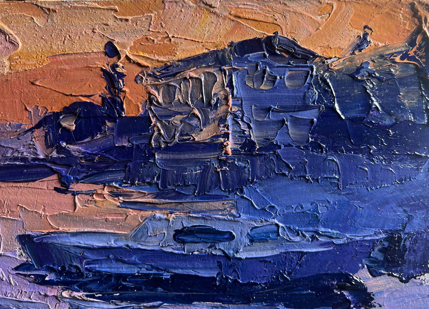 Oil painting Romantic evening by the river by Boris Serdyuk, textured blue orange impasto