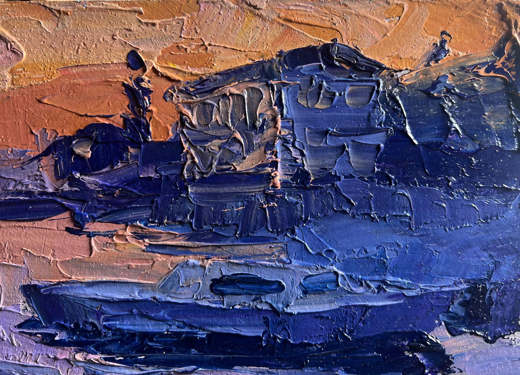 Oil painting Romantic evening by the river by Boris Serdyuk, textured blue orange impasto