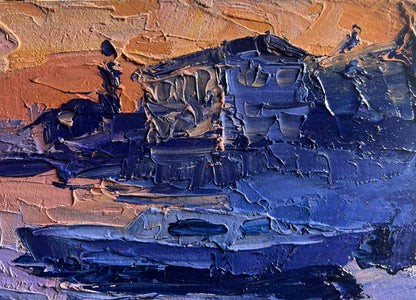 Oil painting Romantic evening by the river by Boris Serdyuk, textured blue orange impasto