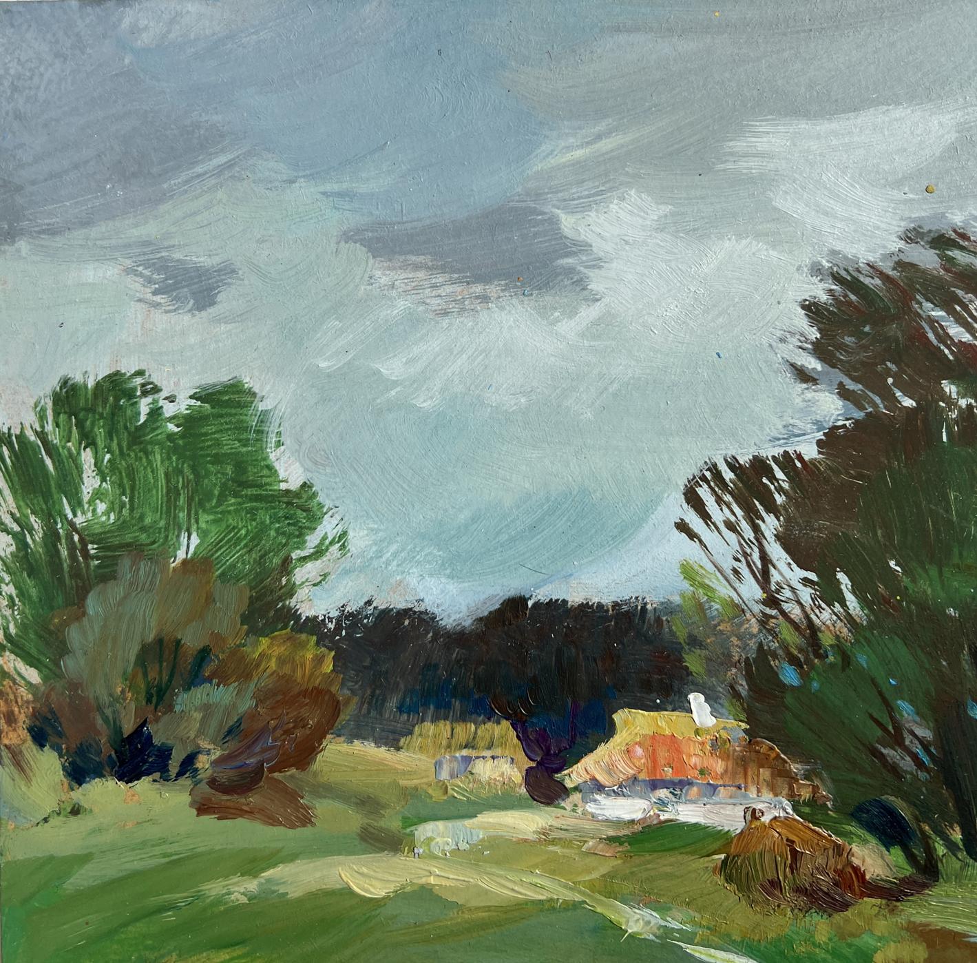 Impressionistic oil painting of river near Yuriy Suprunchuk village cottage