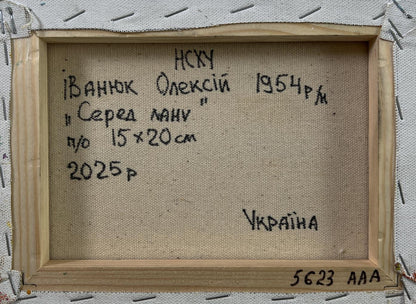 Back of Oil painting Meadows near the mountains by Oleksiy Ivanyuk in wood frame