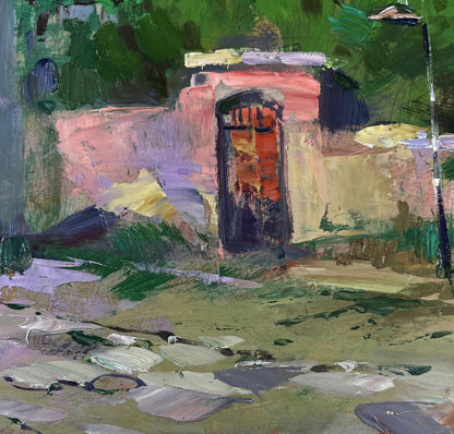 Vibrant impressionistic oil painting of old city pink doorway with stairs by Yuriy Suprunchuk