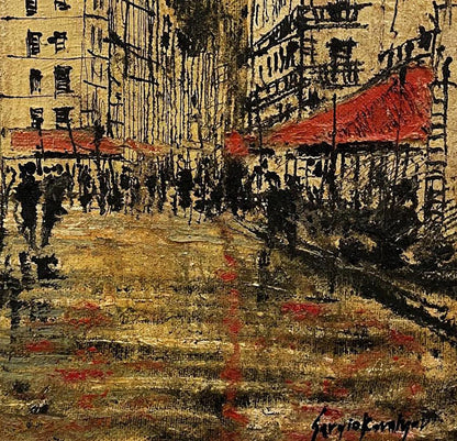Vibrant red awning in Serhiy Kovalev oil painting Super romance