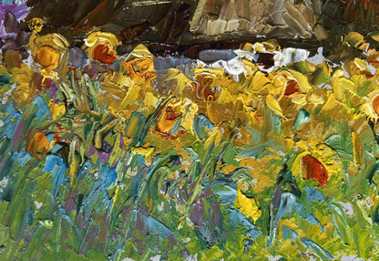 Oil painting House and Sunflowers by Oleksiy Ivanyuk with vibrant yellow blooms