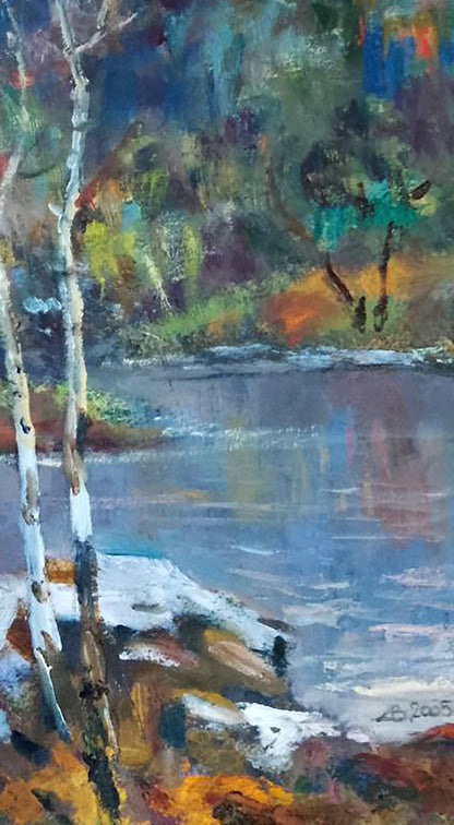 Abstract landscape painting featuring textured brushstrokes in blues, greens, oranges, and purples with white birch tree trunks on the left.