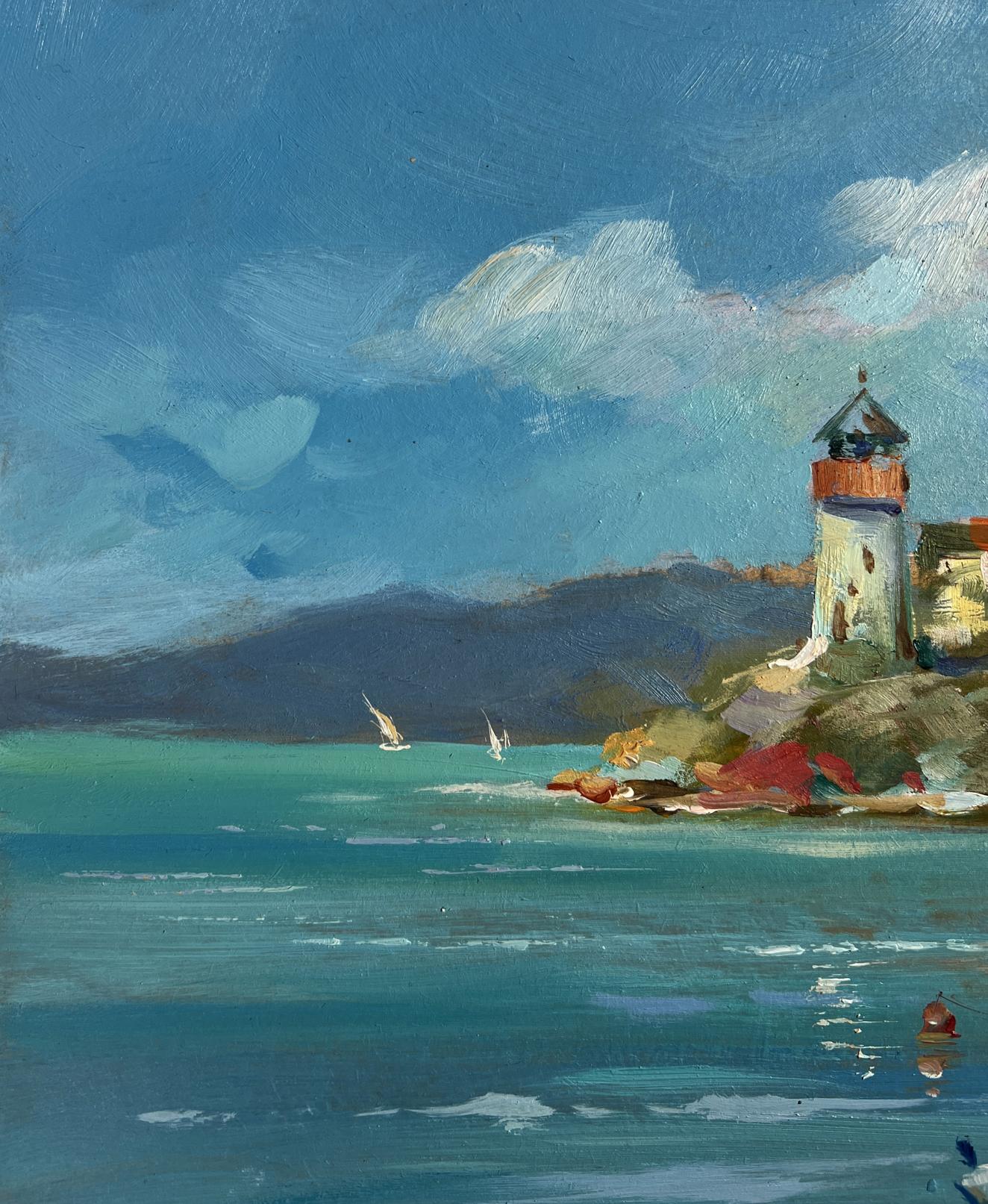 Oil painting of white lighthouse with red band by Yuriy Suprunchuk