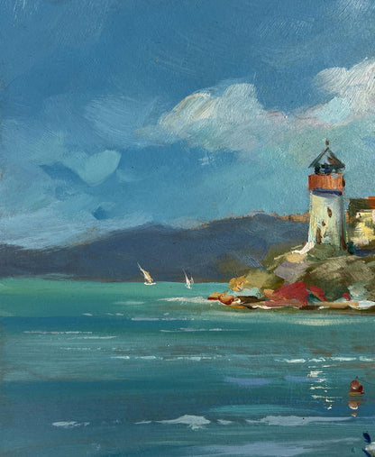Oil painting of white lighthouse with red band by Yuriy Suprunchuk