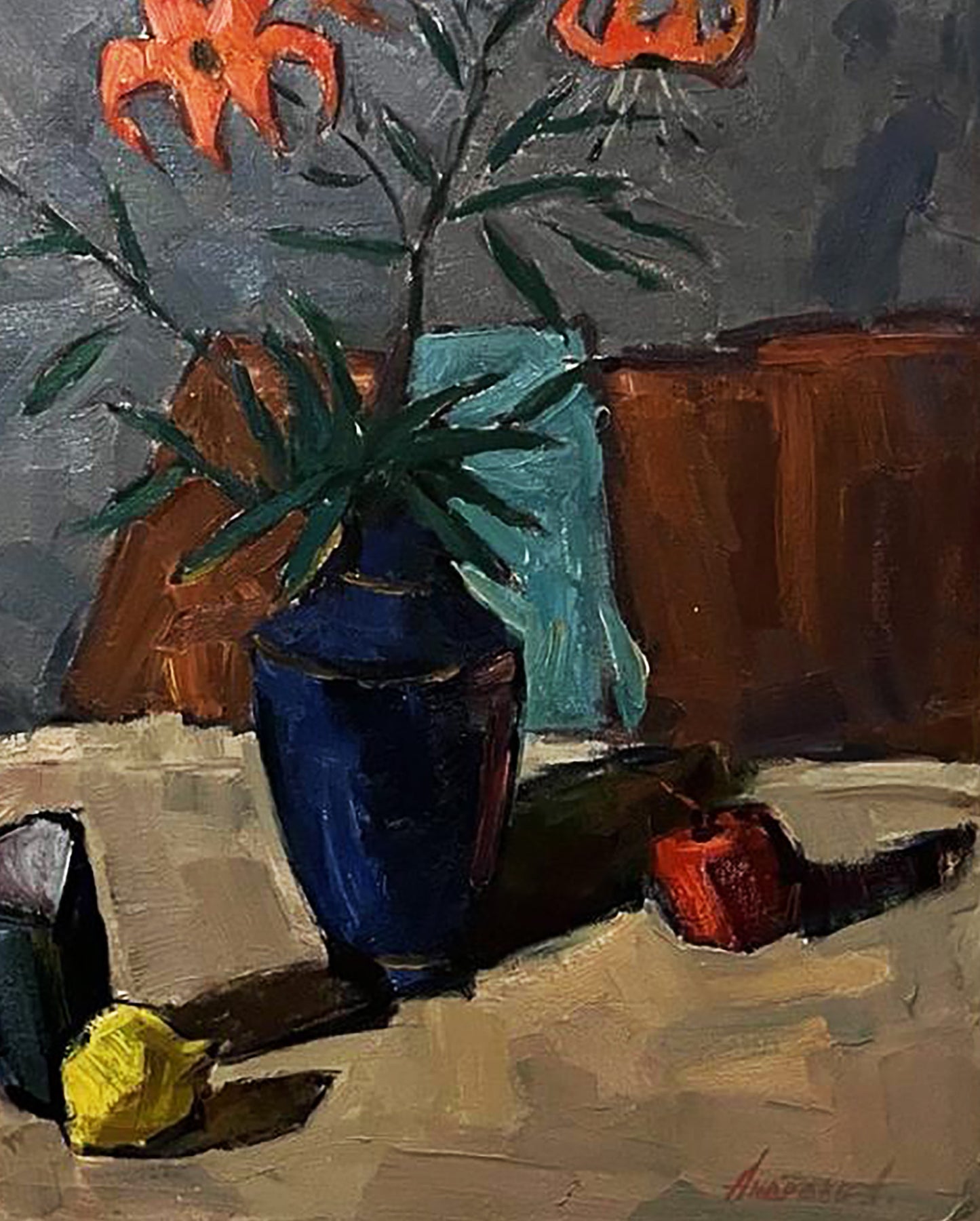 Oil painting Lilies by Oleksandr Andreev: deep blue vase with orange lilies