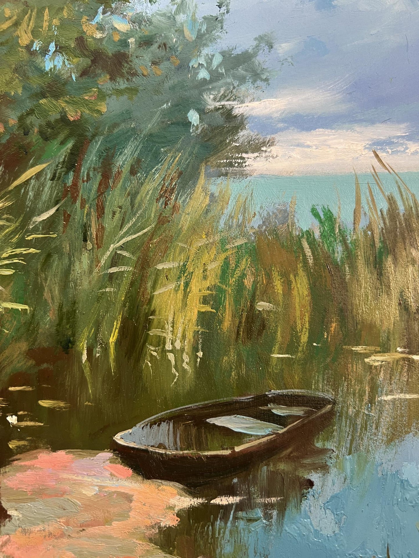 Oil painting of sunny warm day by river with rowboat by Yuriy Suprunchuk