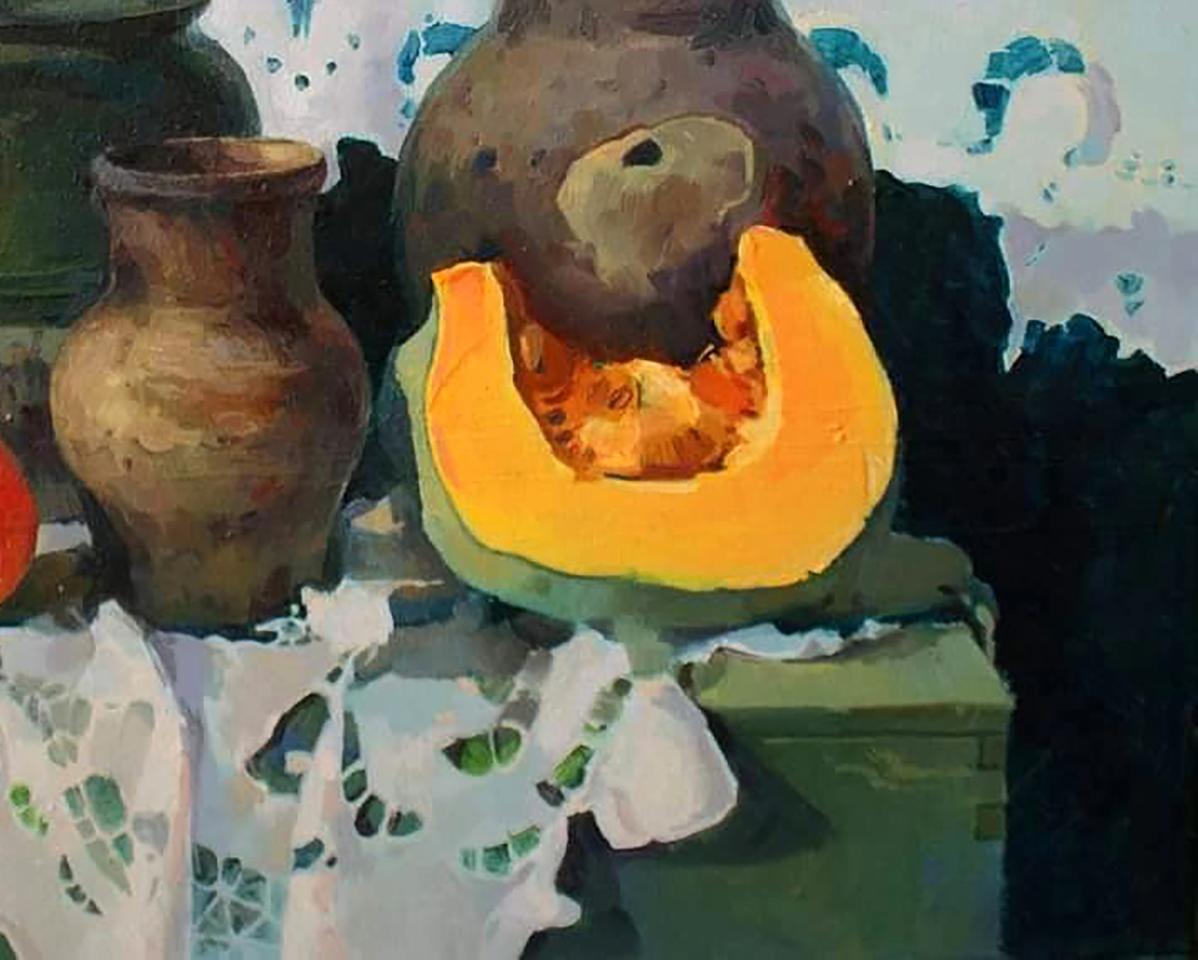 Oil painting of vibrant orange pumpkin slice with seeds by Anastasia Yaroshevich