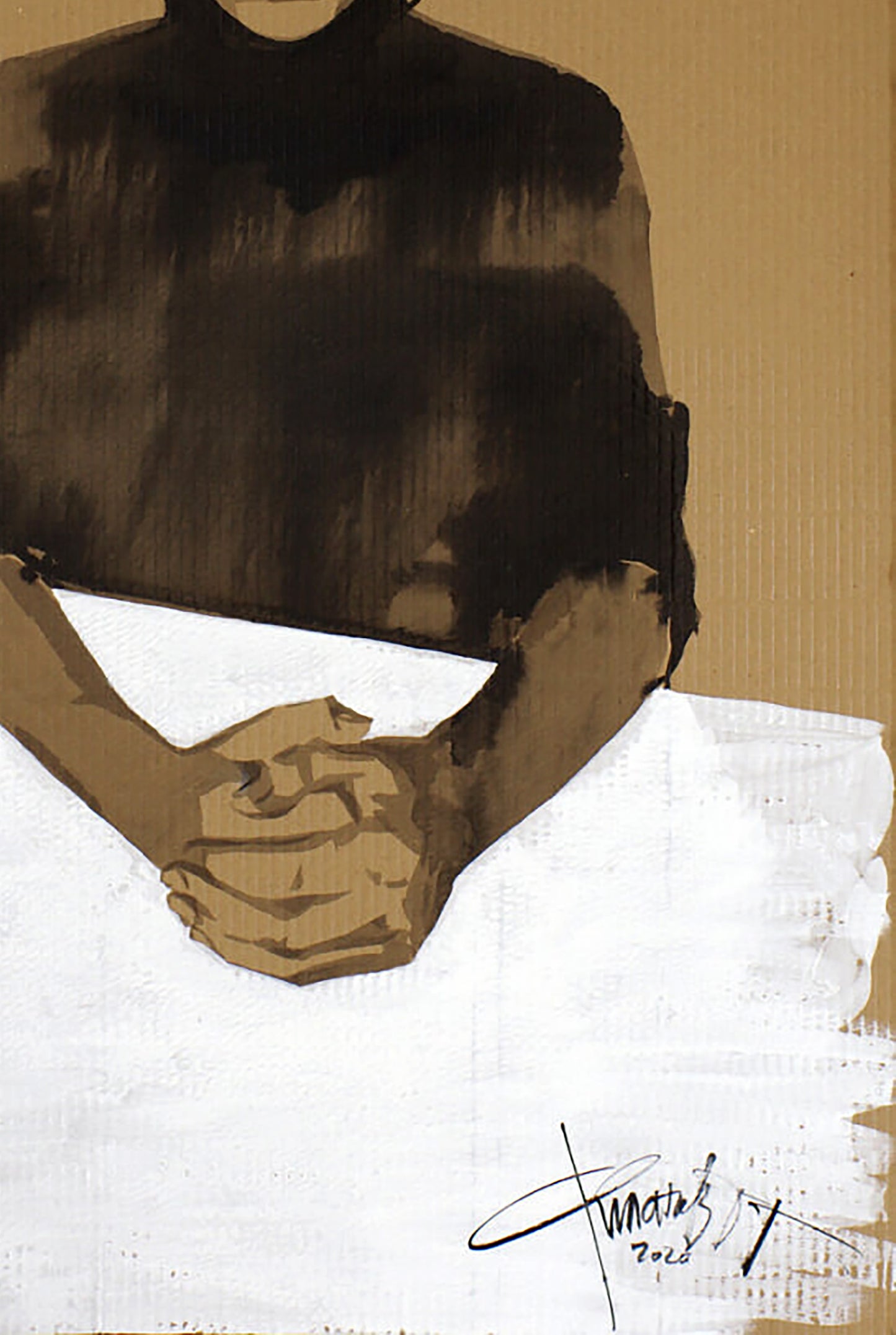 Acrylic painting Trust by Dima Filatov, stylized brown figure holding white object