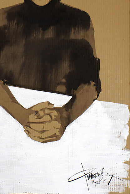 Acrylic painting Trust by Dima Filatov, stylized brown figure holding white object