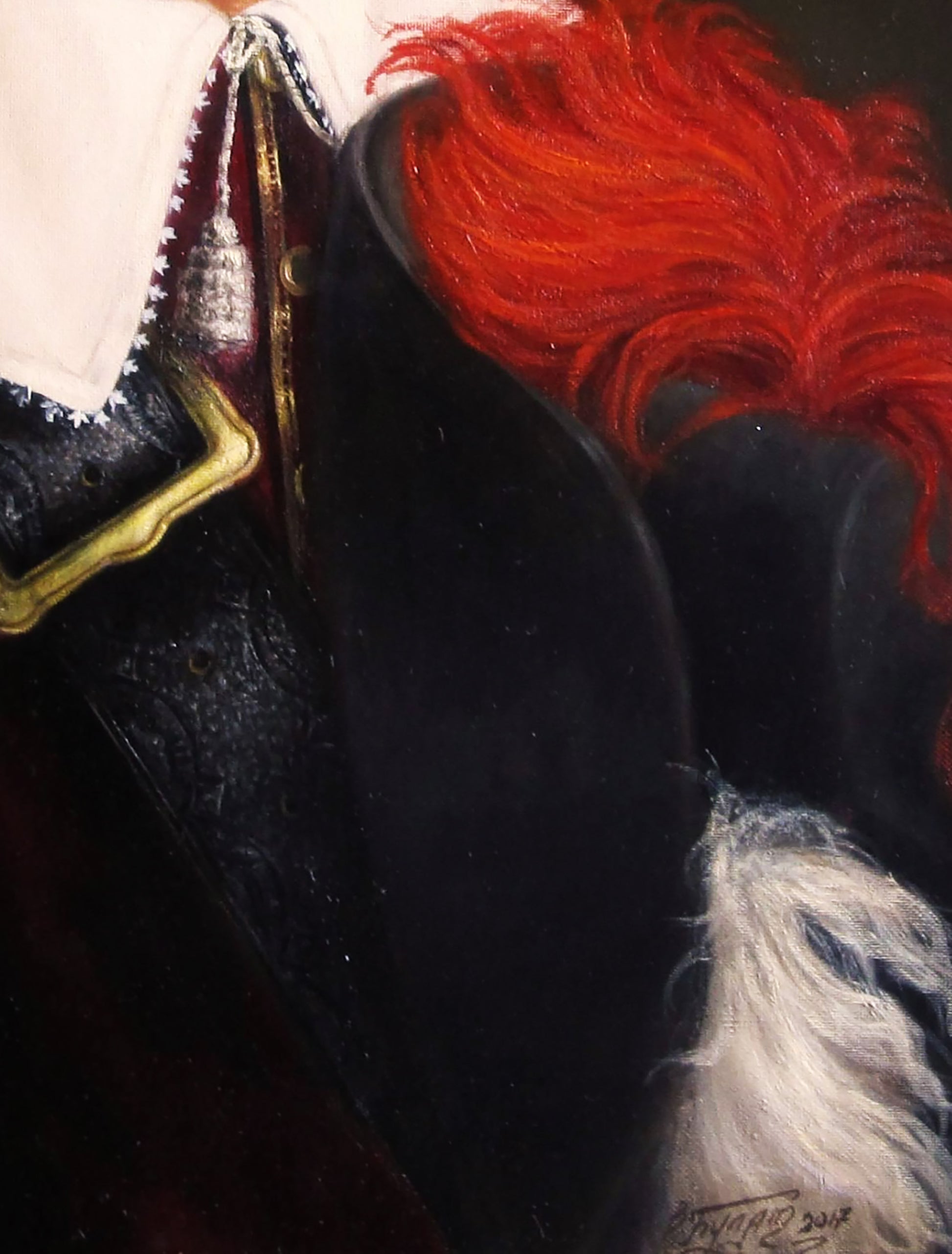 Oil painting The Brave Gascon Valeriy Bulat: black velvet coat with gold buckle, red feathers