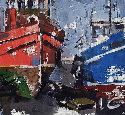 Textured abstract oil painting of ships in port by Volodymyr Gluhomanyuk