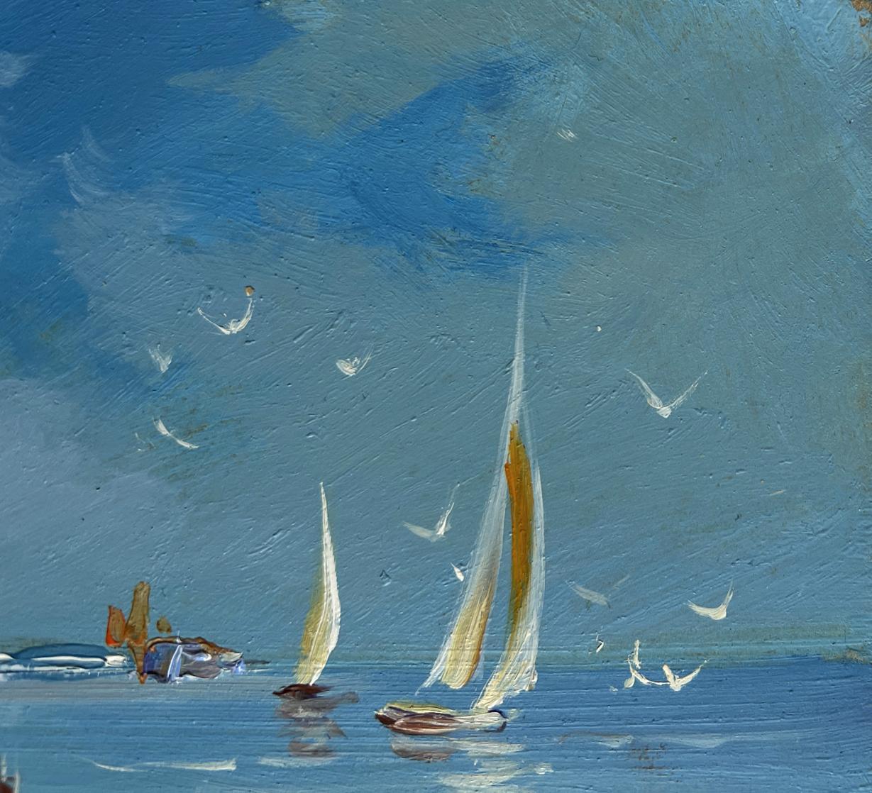 Serene oil painting of sailboats preparing for sea voyage by Yuriy Suprunchuk