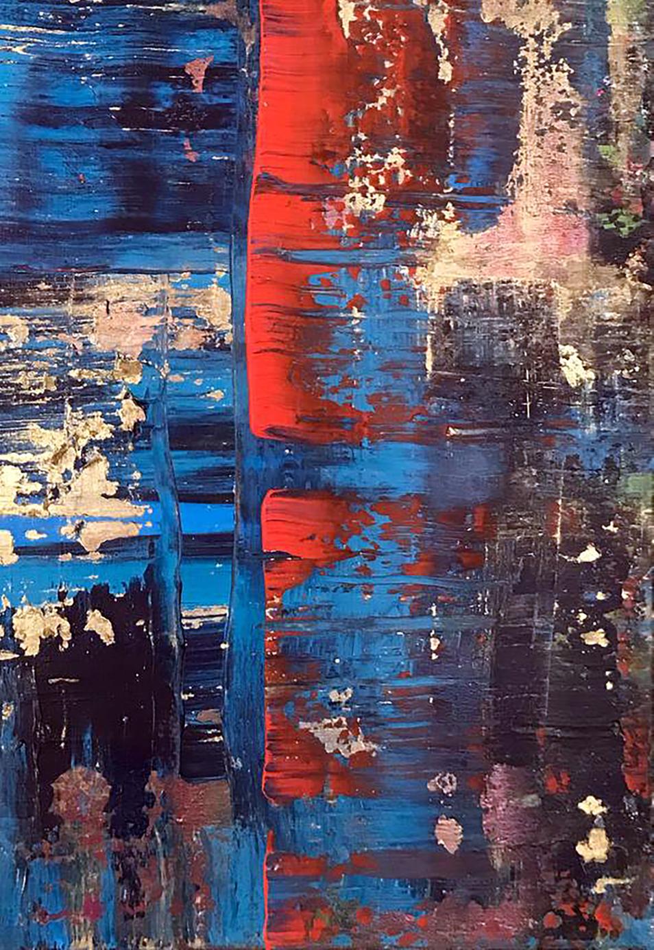 Acrylic painting Pleasure by Olga Melezhik: bold blue red stripes, peeling white texture