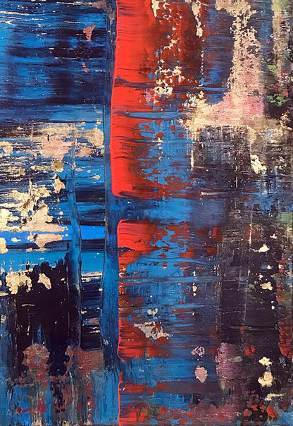 Acrylic painting Pleasure by Olga Melezhik: bold blue red stripes, peeling white texture