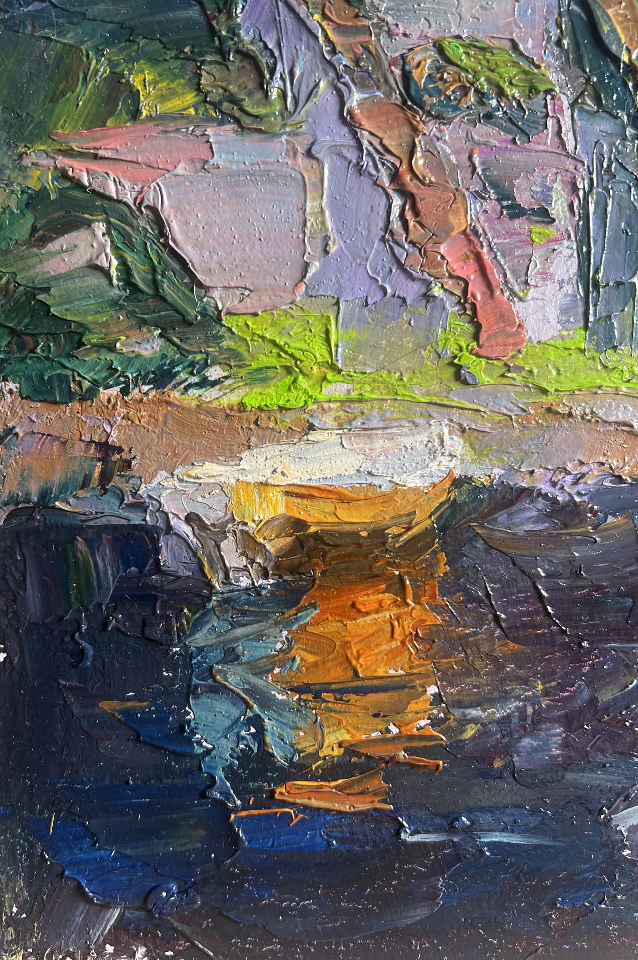 Oil painting Fortress by the Sea by Boris Serdyuk textured greens purples blues ochres