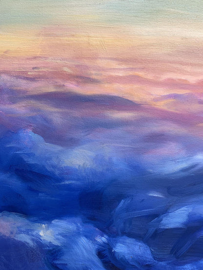 Oil painting Soaring in the Clouds by Tatyana Derdey: peach to blue sky gradient