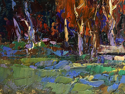 Vibrant impressionist oil painting of moon over village by Oksana Ivanyuk