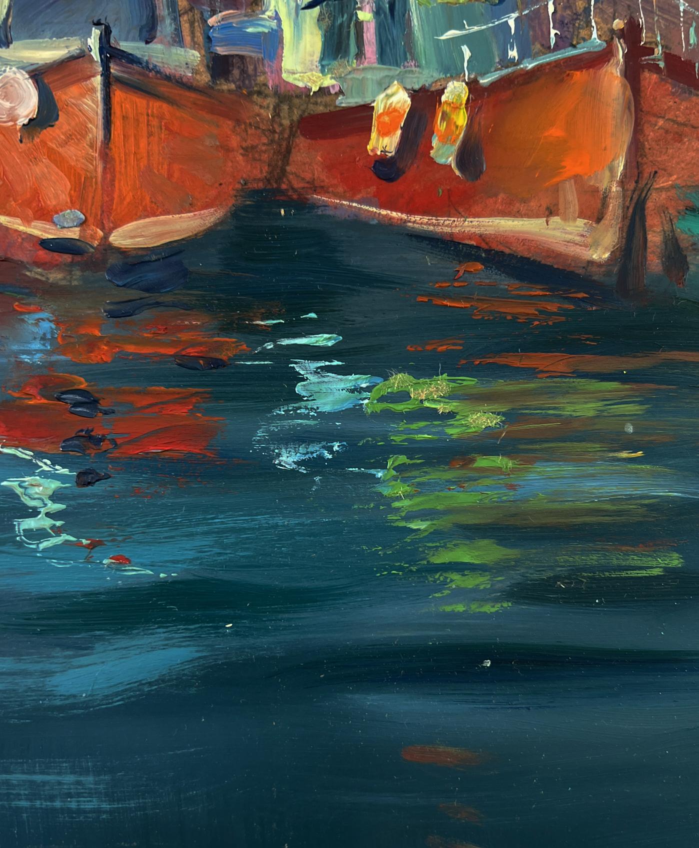 Oil painting City on the Water by Yuriy Suprunchuk: vibrant orange boats in blue waterway