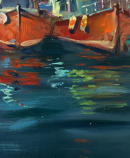 Oil painting City on the Water by Yuriy Suprunchuk: vibrant orange boats in blue waterway