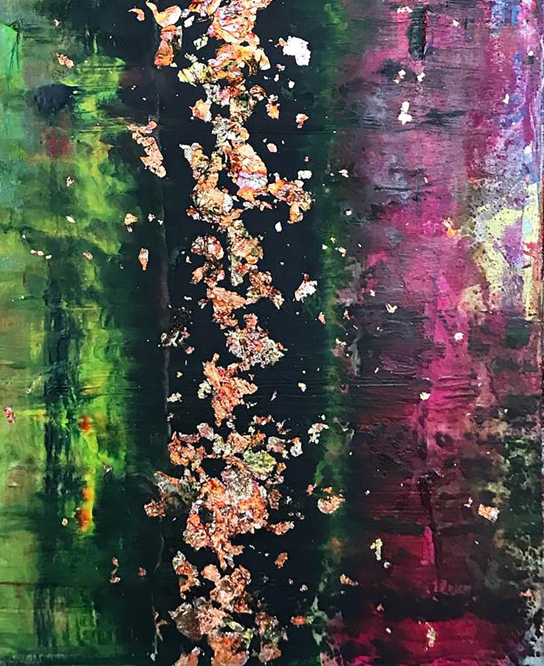 Acrylic painting Burlesque by Olga Melezhik: gold flake cascade on green magenta strokes