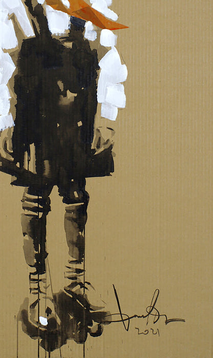 Abstract black and white painted figure with orange head accent by Dima Filatov